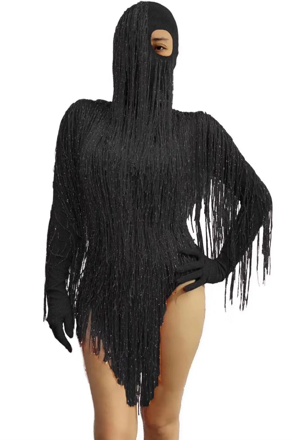 Masked Headdress Long Tassel Bodysuit Women Sexy Stretch Fringes Stage Leotard Halloween Cosplay Costumes Performance Outfits