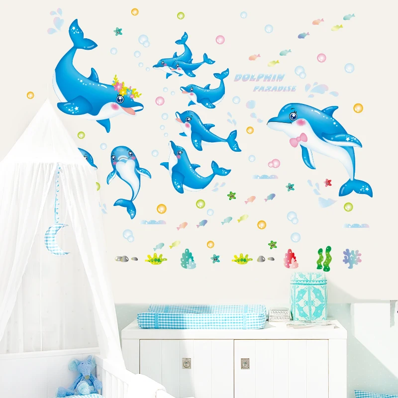 Наклейки на стену с голубыми дельфинами креативные Настенные рисунки сделай сам