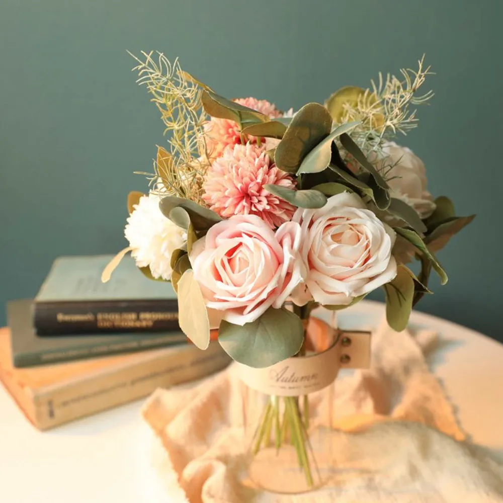 

Autumn Fake Rose Flower Hydrangea Artificial Plastic Flowers Green Plants Bouquet for Wedding Home Decoration Room Decor flores