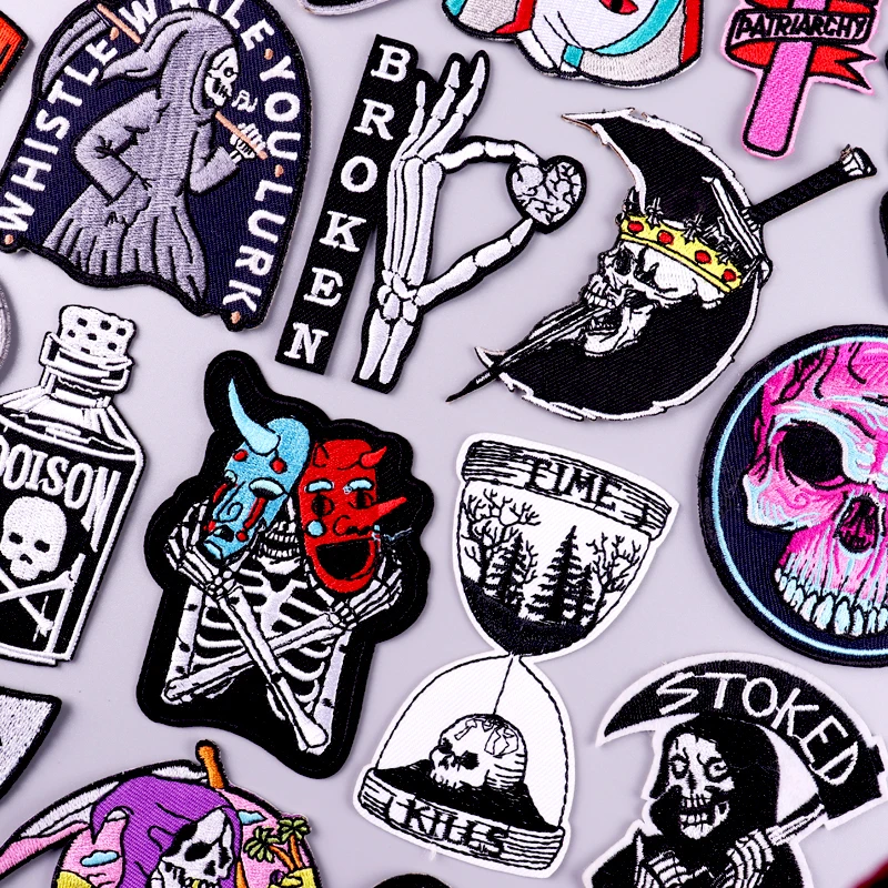 

Hippie Letter Patches On Clothes Embroidery Patches For Clothing Punk Skull Stickers Applique Fusible Patch Stripes For Jackets