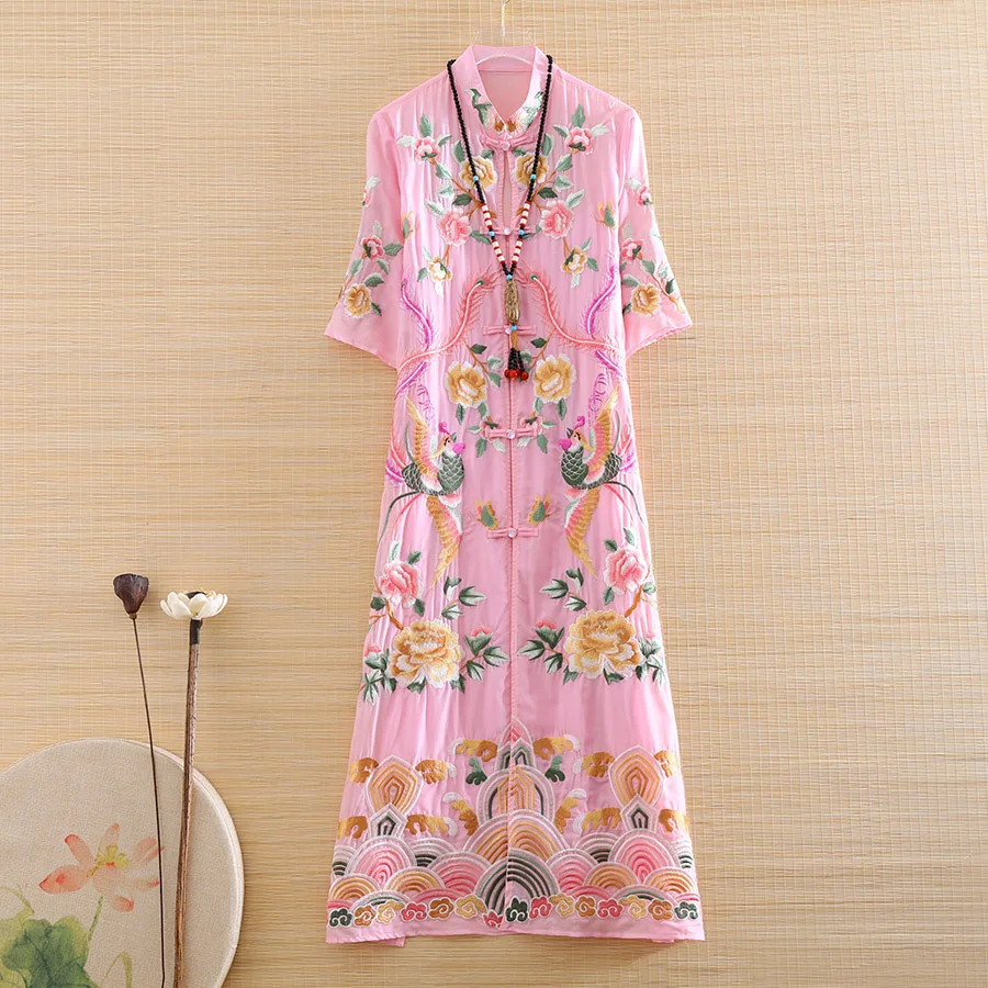 

Женское платье-ципао с цветочной вышивкой, элегантное трапециевидное платье в китайском стиле для весны и лета, 2 предмета