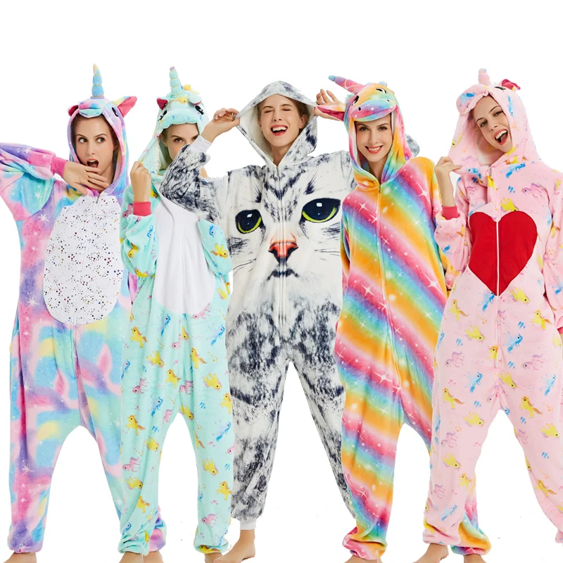 Пижама Кигуруми для мужчин и женщин Фланелевая пижама с капюшоном единорогом