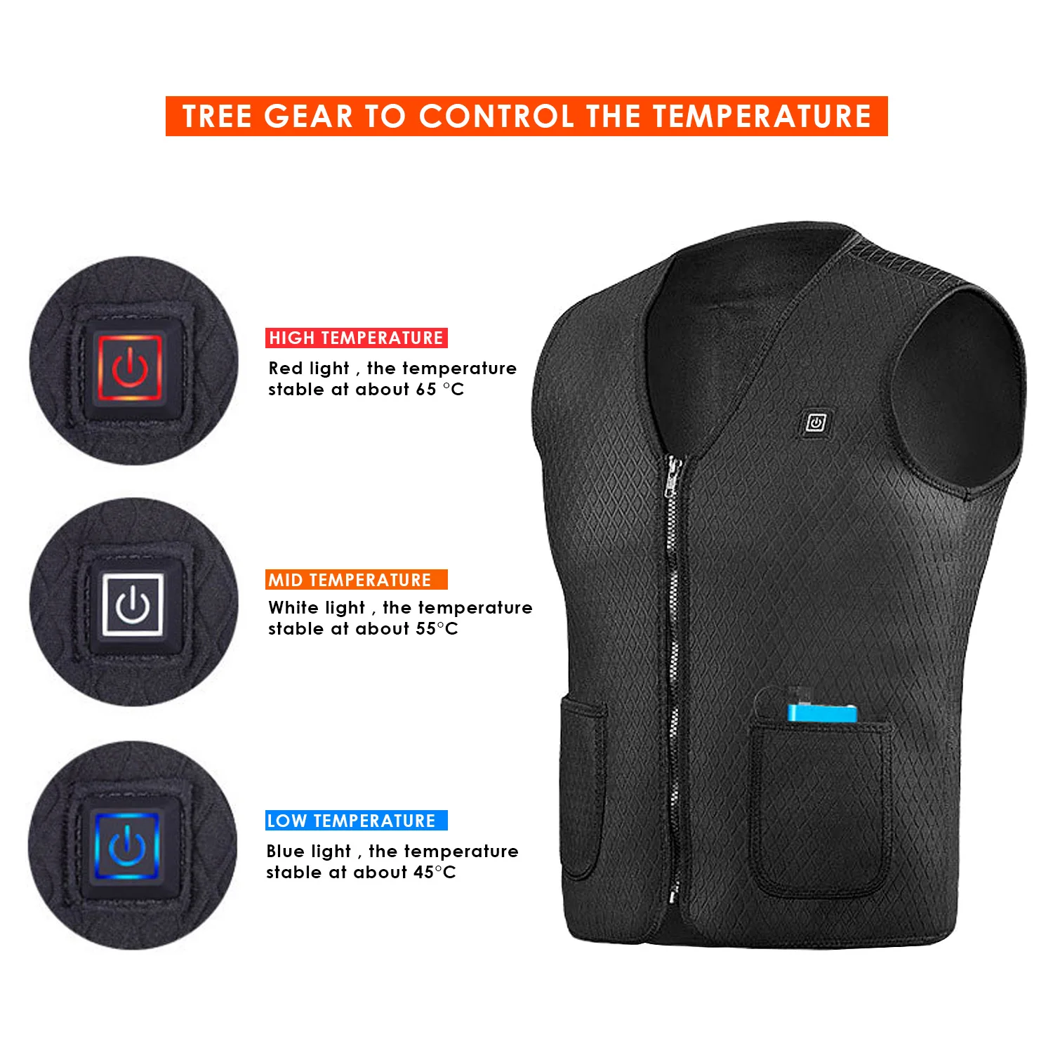 Моющийся USB нагревательный жилет 5 нагревательных панелей 3 температуры