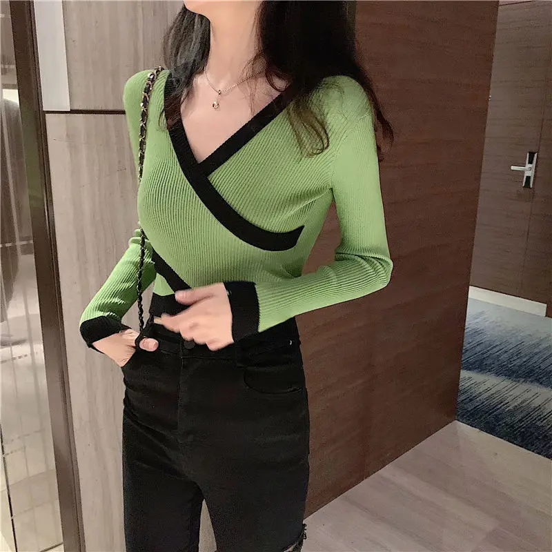 

Cross V-neck Irregular Sweater Women Wear New Spring and Autumn Short Sweater Top Long Sleeve Bottomed Shirt