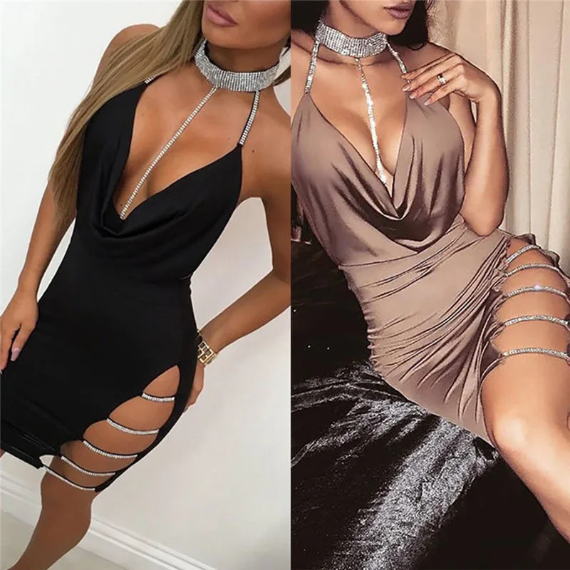 

New Women Sexy Halter V Neck Night Club Dress Female Solid Sleeveless Side Slip Diamonds Chic Mini Dress Ladies Clubwear Party