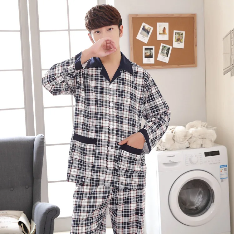 Double-Sided for Autumn and Winter Men Pajamas Korean Cardigan Turndown Collar Print Long Sleeve Long Pants Homewear Set