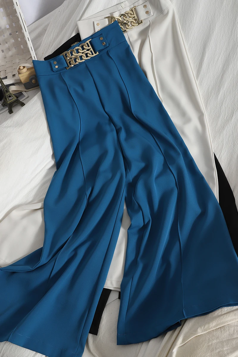 

Women Casual Loose Slimming Long Flare Pants Summer New Solid Color All-Matching Suit Pants High Waist Chain Trousers