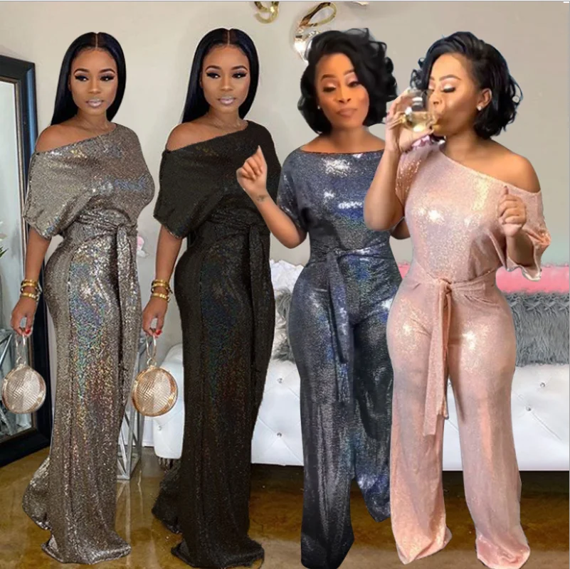 Женский комбинезон с блестками элегантный вырезом лодочкой коротким рукавом и