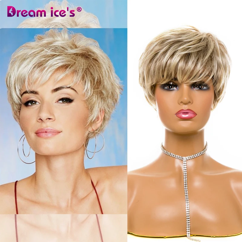 Короткий парик DREAM.ICE'S блонд многослойные вьющиеся волосы смешанные прямые