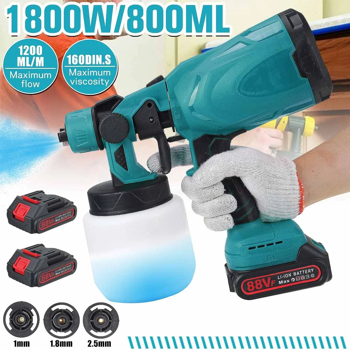 

88VF 1800W 800ml Cordless Electric Spray Gun HighPower Paint Sprayer Flow Control Airbrush with 3 Nozzle for Makita 18V Battery