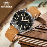 addies dive mens diver watch ceramic bezel retro brown leather velvet band digital luminous watch sapphire nh35 automatic watch