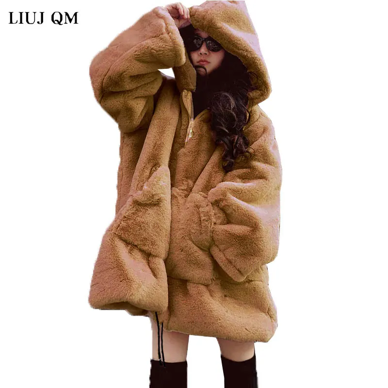 

2021 Winter Fur Coat Women Thick Warm Faux Fur Sweatshirt Loose Oversized Hooded Pullover Plush Coat Winter Fur Jackets BC117