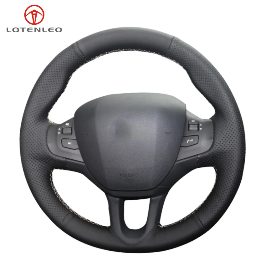 

LQTENLEO Black Genuine Leather Hand-stitched Car Steering Wheel Cover For Peugeot 208 2012-2019 2008 2013-2019 308S 2015