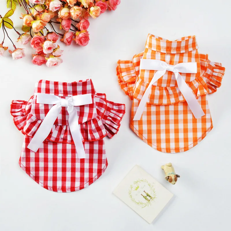 

Pets Dresses Plaid Bow Summer Thin and Light Dog Dress Cotton Comfortable Breathable Cat Skirts 2 Color Dogs Clothes
