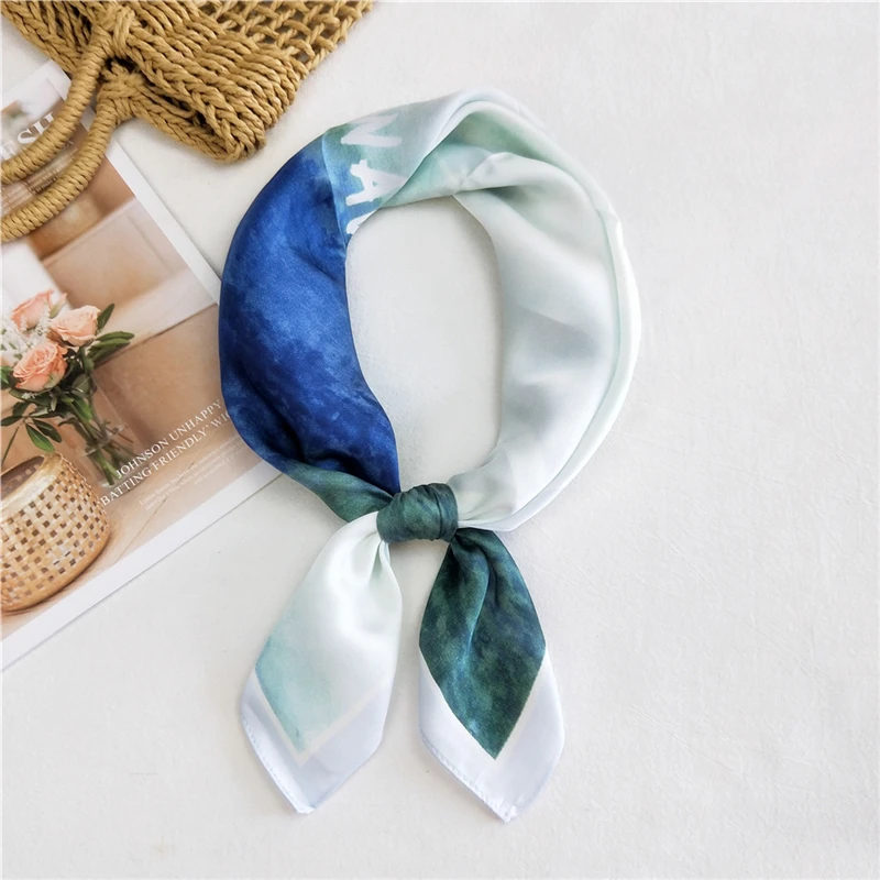 

NEW 70*70cm Female Square Silk Scarf Sea Wave Print Hair Scarves Foulard Neck Head Band Shawls Wraps Neckerchief Bandana 2021