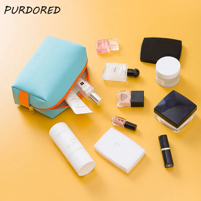 

PURDORED 1 Pc Candy Color Cosmetic Bag PU Leather Women Solid Make Up Bag Travel Makeup Organizer Toiletry Beauty Case Neceser