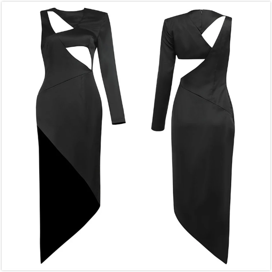 

Free Shipping 2021 New Women's Sexy Midi Dress Round Neck One Shoulder Long Sleeve Bodycon Hollow Dress Club Party Split Vestido
