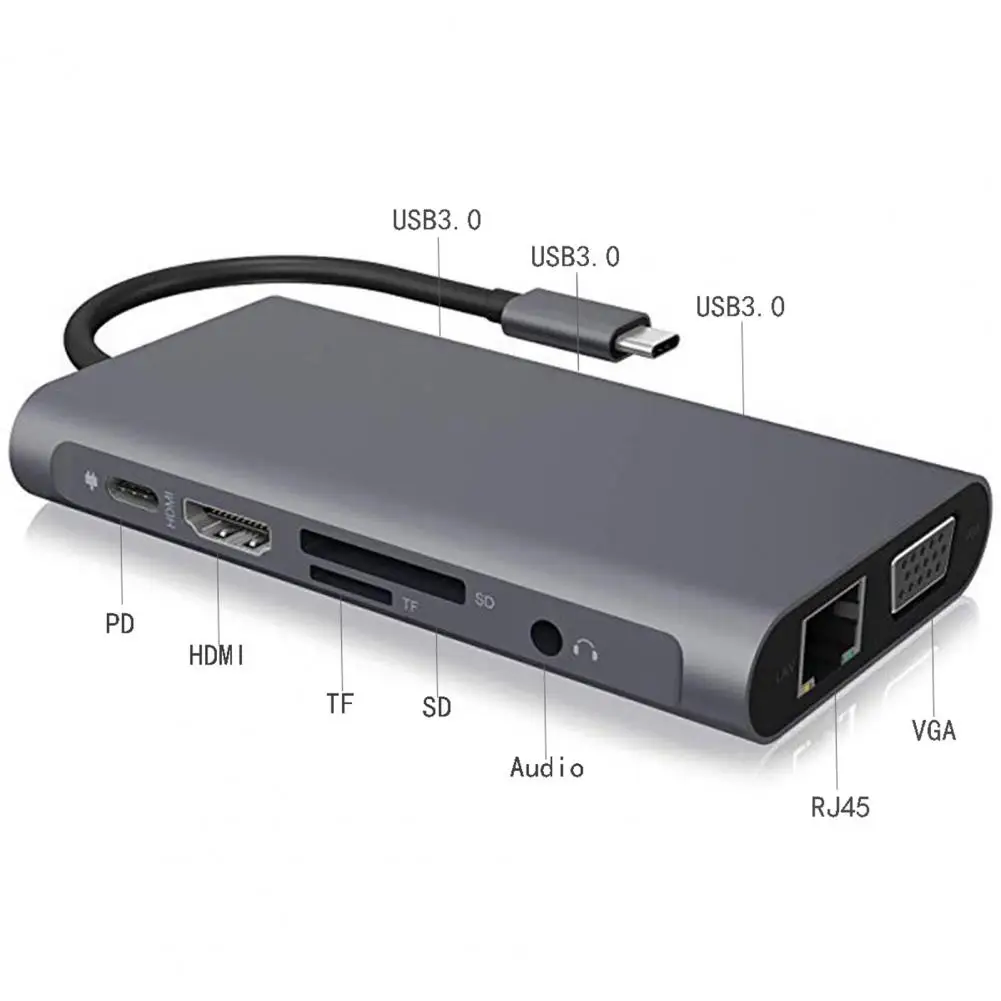 

New Type-C Hub Docking Station 10 in 1 Multifunction USB 3.0 Type-C to RJ45 HDMI VGA PD USB TF Micro-SD for U Disk