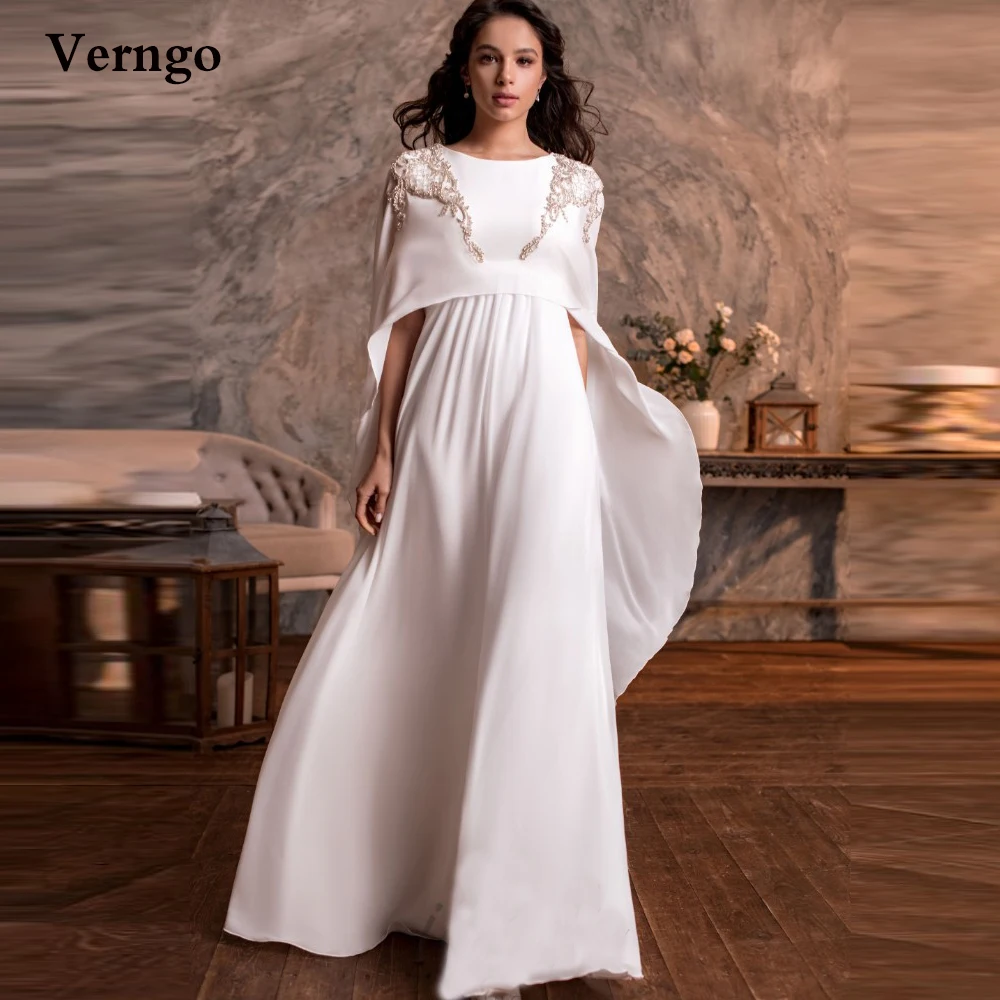 

Verngo Elegant White Chiffon Evening Dresses For Dubai Arabric Gold Lace Applique Prom Gowns With Jacket Plus Size Formal Dress