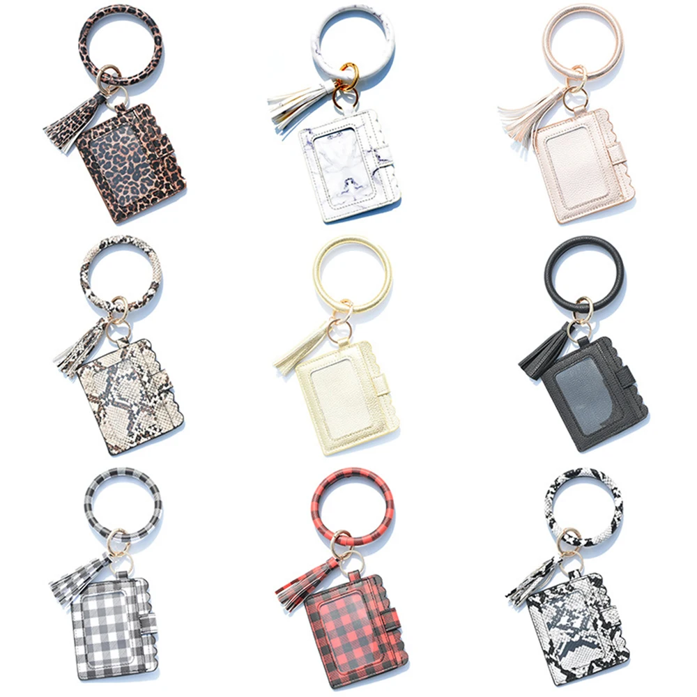 

Pu Leather Bracelet Keychain With Wallets For Women Fashion Leopard Wristlet Keychain Tassel Bangle Keychain Wrist Accessories