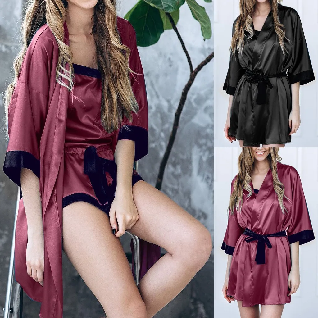 Women Sexy Black Silk Satin Kimono Bud silk pajamas Strapless Robe Lace Bathrobe Lingerie With Belt Sleepwear Pajamas | Женская одежда