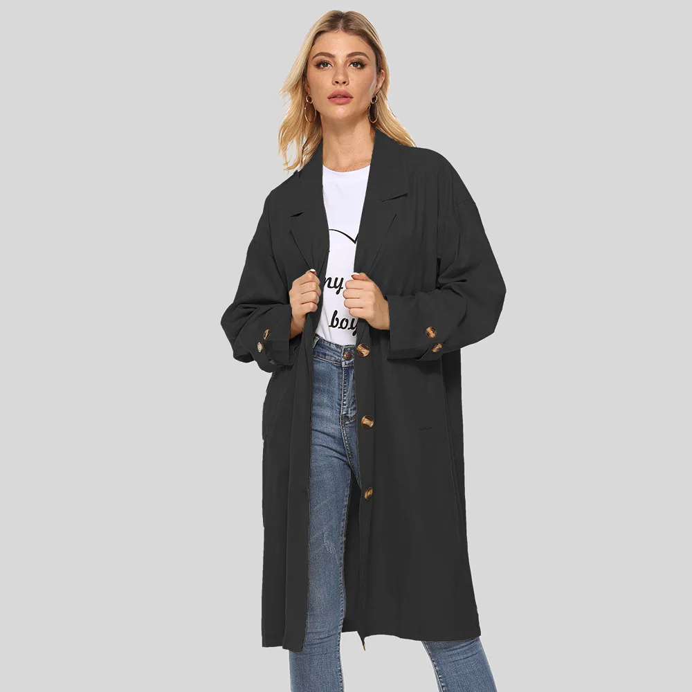 Осенний стильный модный однотонный тренчкот на пуговицах с двумя карманами и