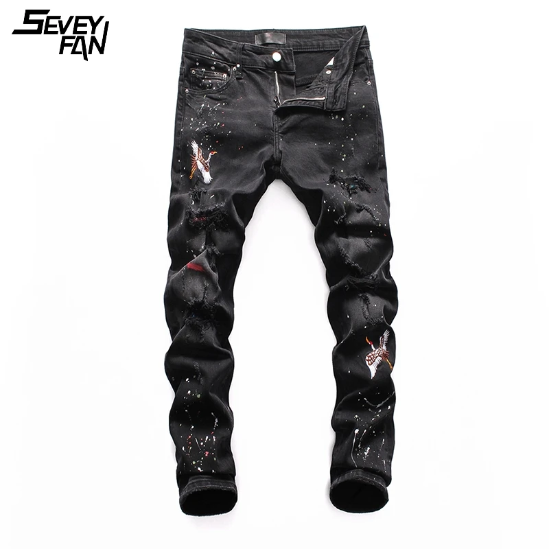 

Fashion Crane Embroidery Jeans with Hole Men Black Slim Printed Ripped Hip Hop Denim Pants Brand Streetwear Hipster Jean Trouser