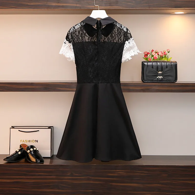 Vestido de encaje de talla grande para mujer, vestido de retazos de manga corta con cuello vuelto con cremallera, ahuecado, novedad de verano de 2021