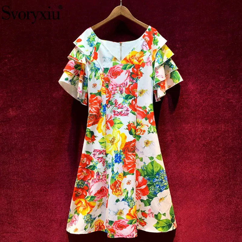 

Svoryxiu 2020 Elegant Runway Autumn Vintage Dress Women's Fashion Tiered Ruffles Sleeve Flower Print V-Neck Midi Dresses