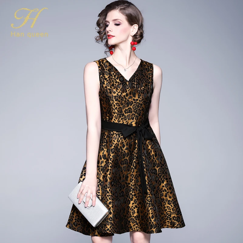 Photo Color H Han queen Новое поступление винтажное леопардовое жаккардовое платье Модное С v-образным вырезом без рукавов роскошное элегантное тонкое женское вечернее платье - Цвет: Photo Color