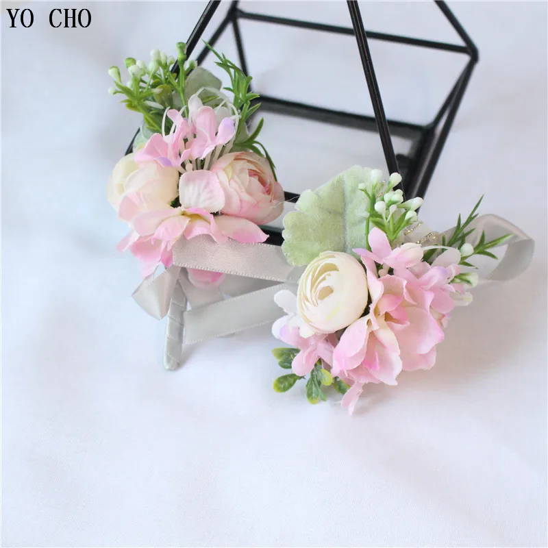 

YO CHO Groom Boutonniere Buttonhole Pin Wedding Corsage Bracelet Flower Silk Rose Wedding Planner Marriage Brooch Corsage Flower