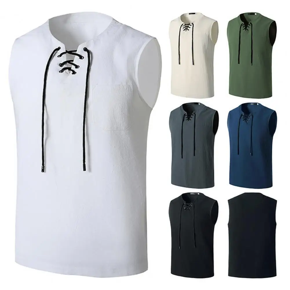 

T-shirt V Neck Soft Cotton Flax Men Sleeveless Bandage Top for Yoga