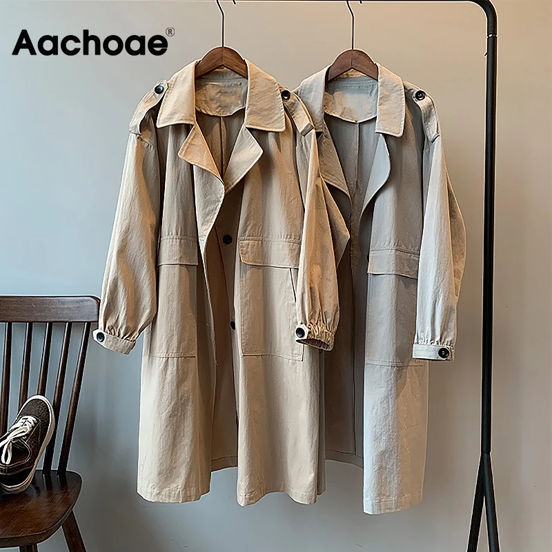 

Aachoae Women Fashion Trench Coat 2021 Solid Casual Loose Long Windbreaker Single Breasted Pockets Ladies Outwear Ropa Mujer