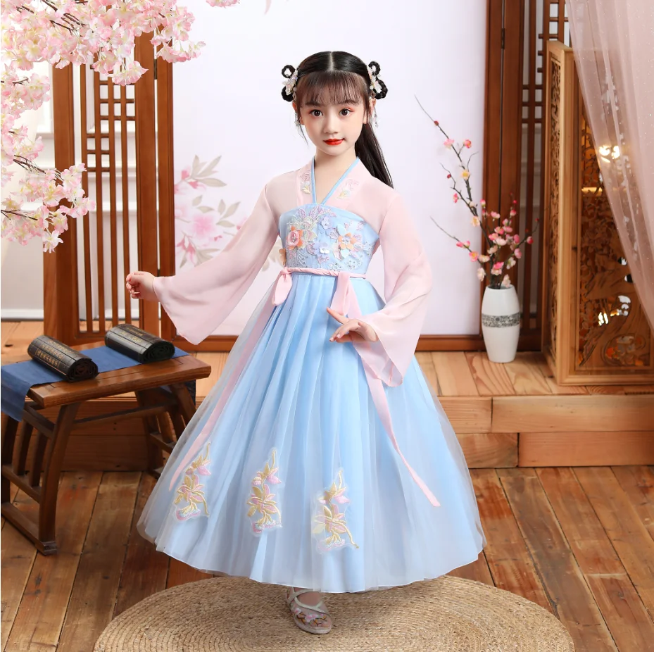

Long Sleeve Girls Ancient Chinese Traditional National Costume Hanfu Dress Princess Children Cosplay Polyester Folk Dance Set