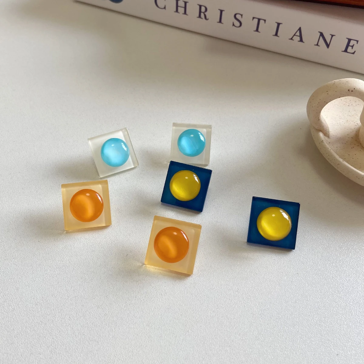 

AMORCOME Korean Minimalist Stud Earrings Women Trendy Statement Vintage Acrylic Square Bohemian Geometric Colorful Jewelry