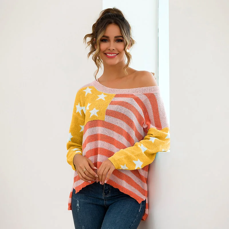 New Arrival Womens Long Sleeved Stars Stripes Sweater Color Matching Casual Pullover | Женская одежда