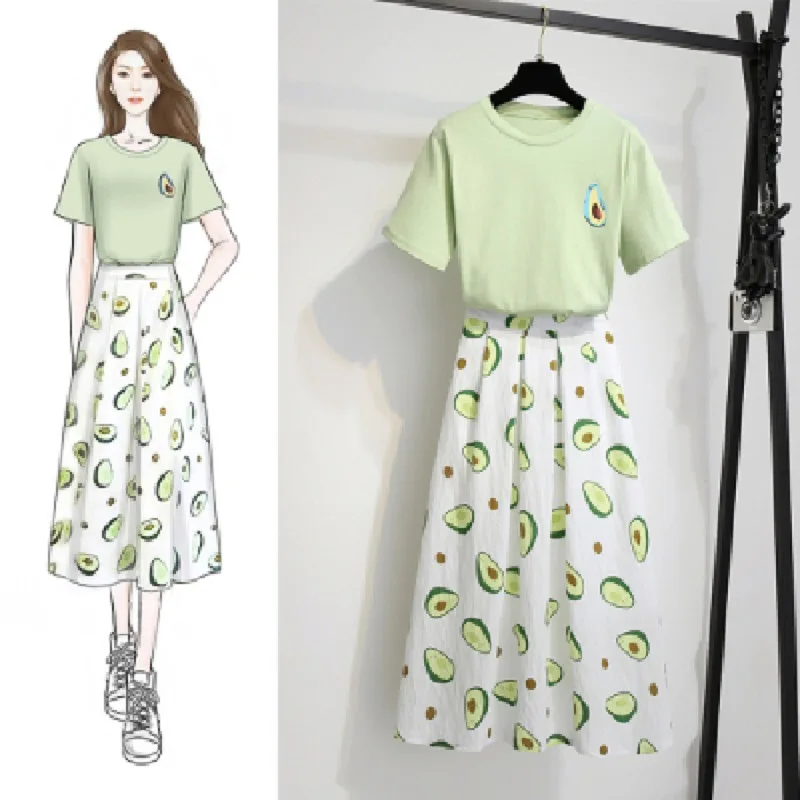 

Summer women's suit two-piece suit with avocado print short-sleeved T-shirt women + long skirt women's suit