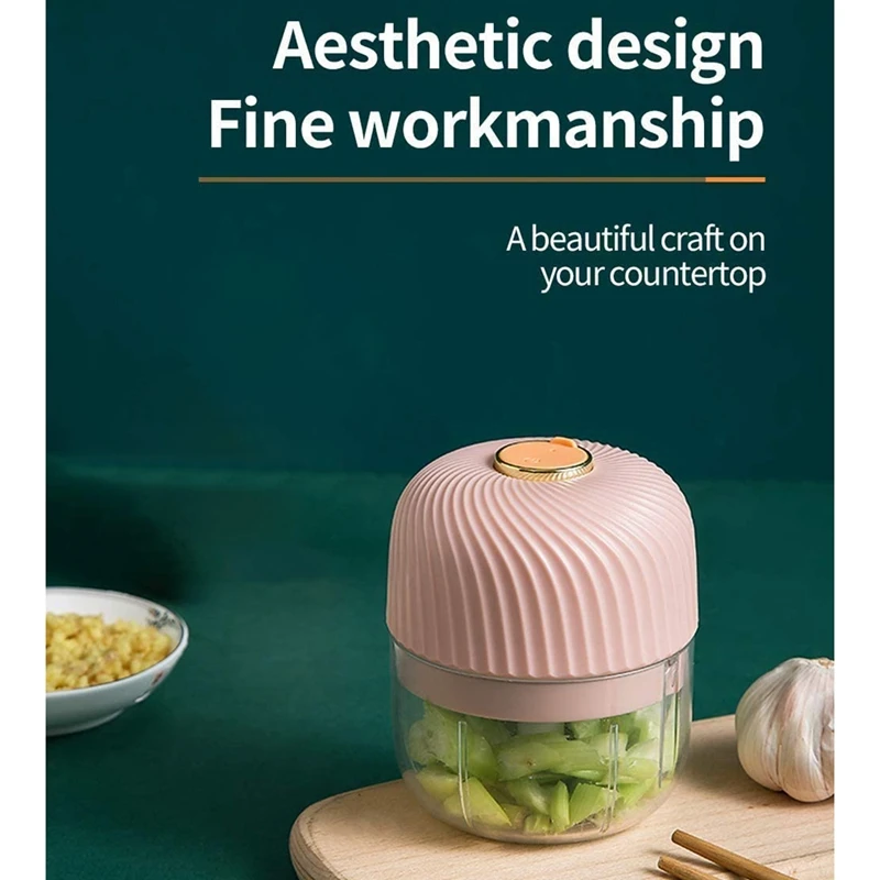 

250ML Garlic Chopper, Electric Food Processor, Wireless Mini Grinder, Spice Chili Ginger Onion Fruit Mincer Blender,Pink