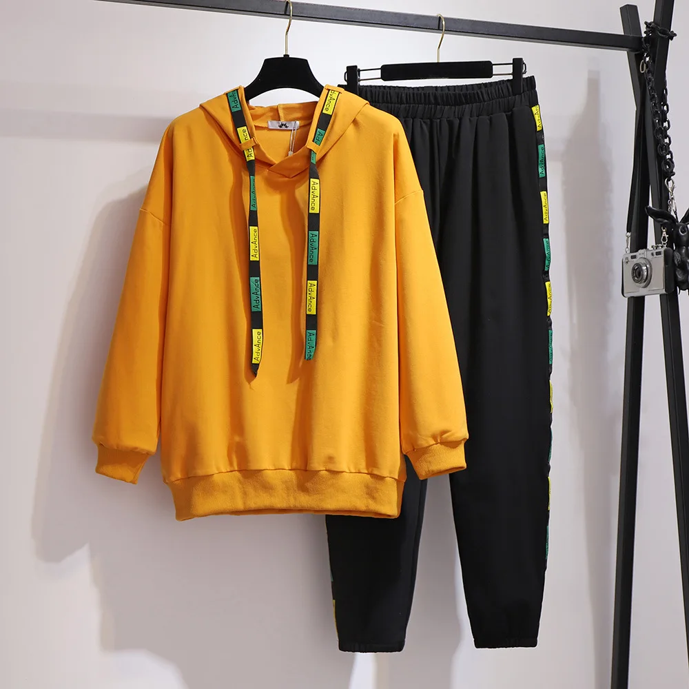 2XL ~ 6XL женский 2 шт с капюшоном комплект из свитера брюками осень зима длинный