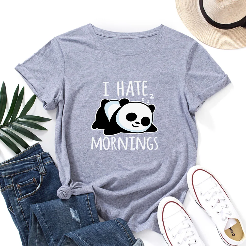 

I Hate Mornings Early Wake Up Panda Shirt for Women Cute Panda Bear T-Shirt Animal Graphic Tee Summer Cotton Short Sleeve Tops