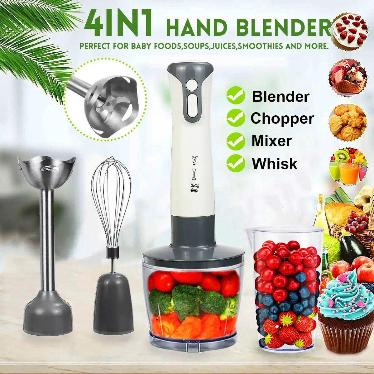 Verkaufen Warmtoo 4 In 1 3 Geschwindigkeiten 600W Immersion Hand Stick Mixer Mixer Umfasst Chopper Und Smoothie Tasse Edelstahl Eis Klingen