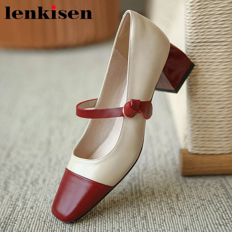 

Lenkisen mixed colors genuine leather square toe med heel Mary janes Korean style pretty girls dating fashion women pumps L03