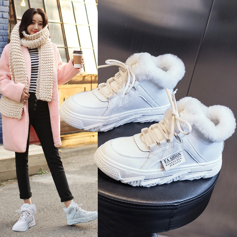 

Plush Fur Winter Sneakers Women Snow Boots High Top Ankle Shoes New 2021 White Fur Sneaker Female Snowboots Platform Casual Shoe