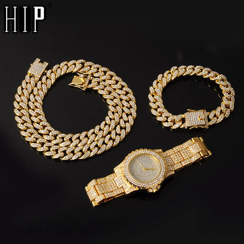 Комплект Hip Hop из 3 шт. ожерелье + часы браслет выложенные Стразы Майами кубинская