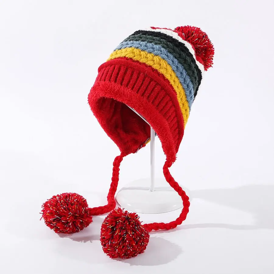 

New Winter Knitted Hats Ladies Beanies Skullies Hat Women Color Stripes Pompom Warm Thick Ear Protection Caps Outdoor Ski Cap