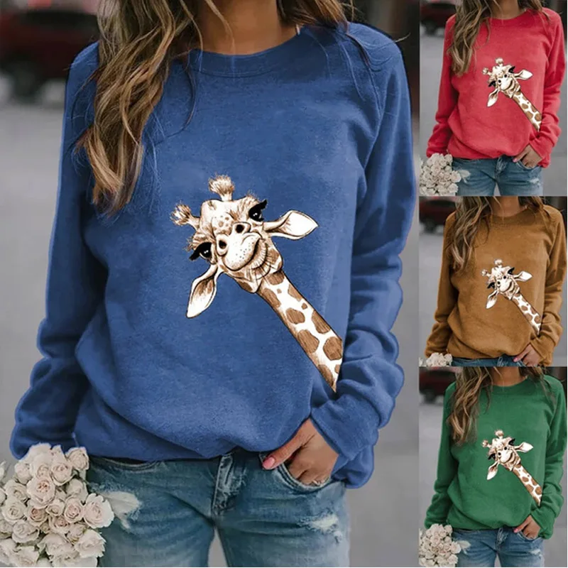 

Женская хлопковая блузка с длинным рукавом, круглым вырезом и принтом жирафа