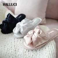 new fashion satins silk bow peep toe home slippers women sandals korea slip on shoes women bedroom slippers flip flops tx32003