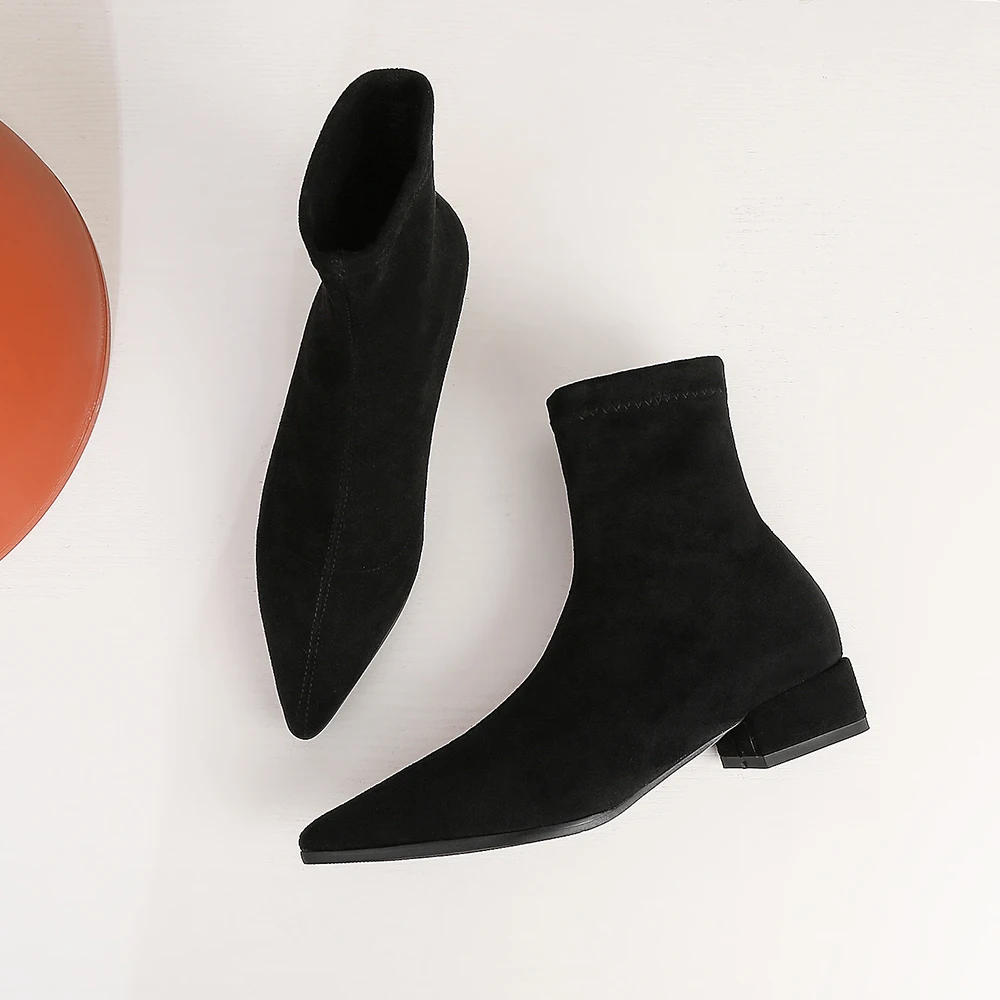 Женские ботильоны с острым носком на низком каблуке зимние ботинки из флока