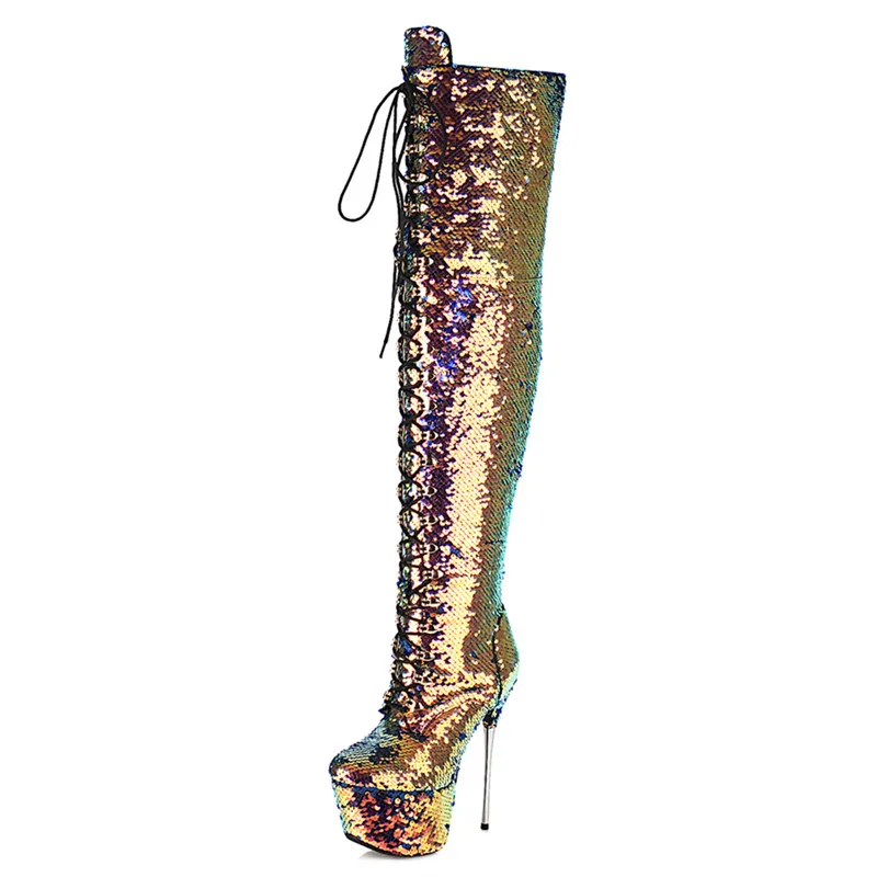 

High Platform Women Boots Stilettos Heels Lace-up Ladies Shoes Over-knees Sexy Party Sequined Boots