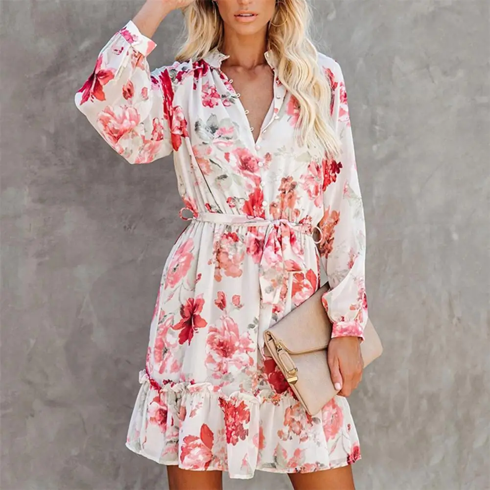 

2021 Autumn Temperament V-neck Long-sleeve Sashe Ruffice Dresses For Fashion Women Casual Pink Show Thin Waist Office Lady Dress